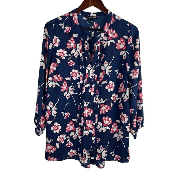 41 Hawthorn | Navy Blue Pink Floral Split Neck 3/4 Sleeve Blouse - Picture 1 of 9